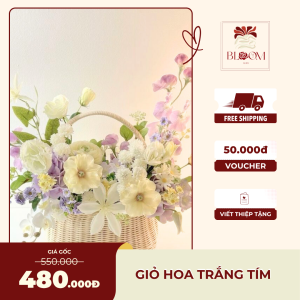 Giỏ Hoa Trắng Tím Pastel – Thanh Nhã & Nhẹ Nhàng