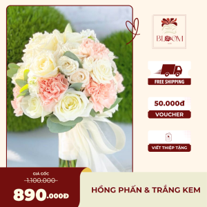 Hoa Cưới Bó Tròn Hồng Phấn & Trắng Kem